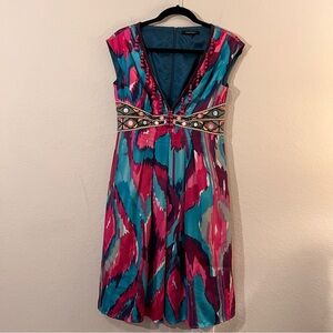 Nanette Lepore Beaded Ikat Midi Dress Pink Teal Size 4